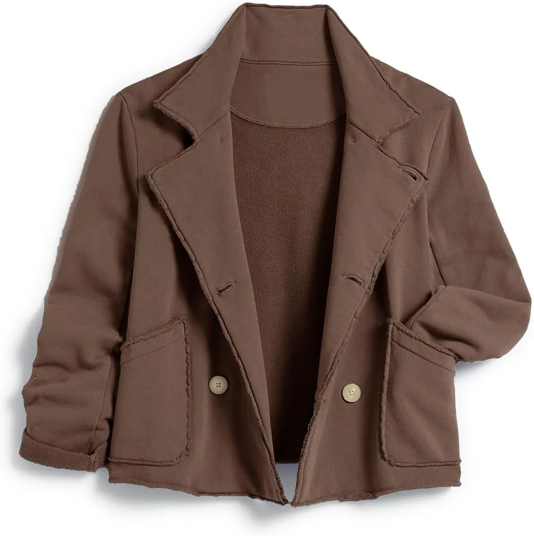 Haellun Womens Notched Peacoat Cropped Blazer Double Breasted Trench Coat Overcoat Jackets with Pockets