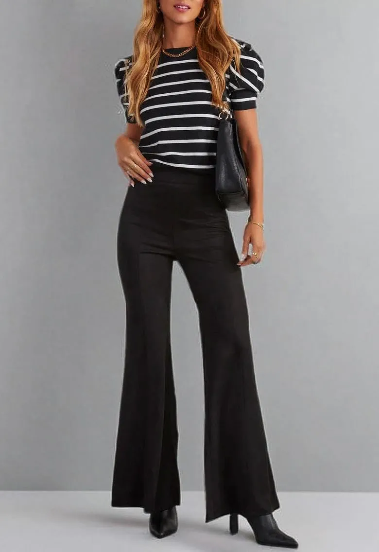 HBQ Women's High Waisted Stretchy Bell Bottom Flare Pants Wide Leg Slim Tailored Work Trousers