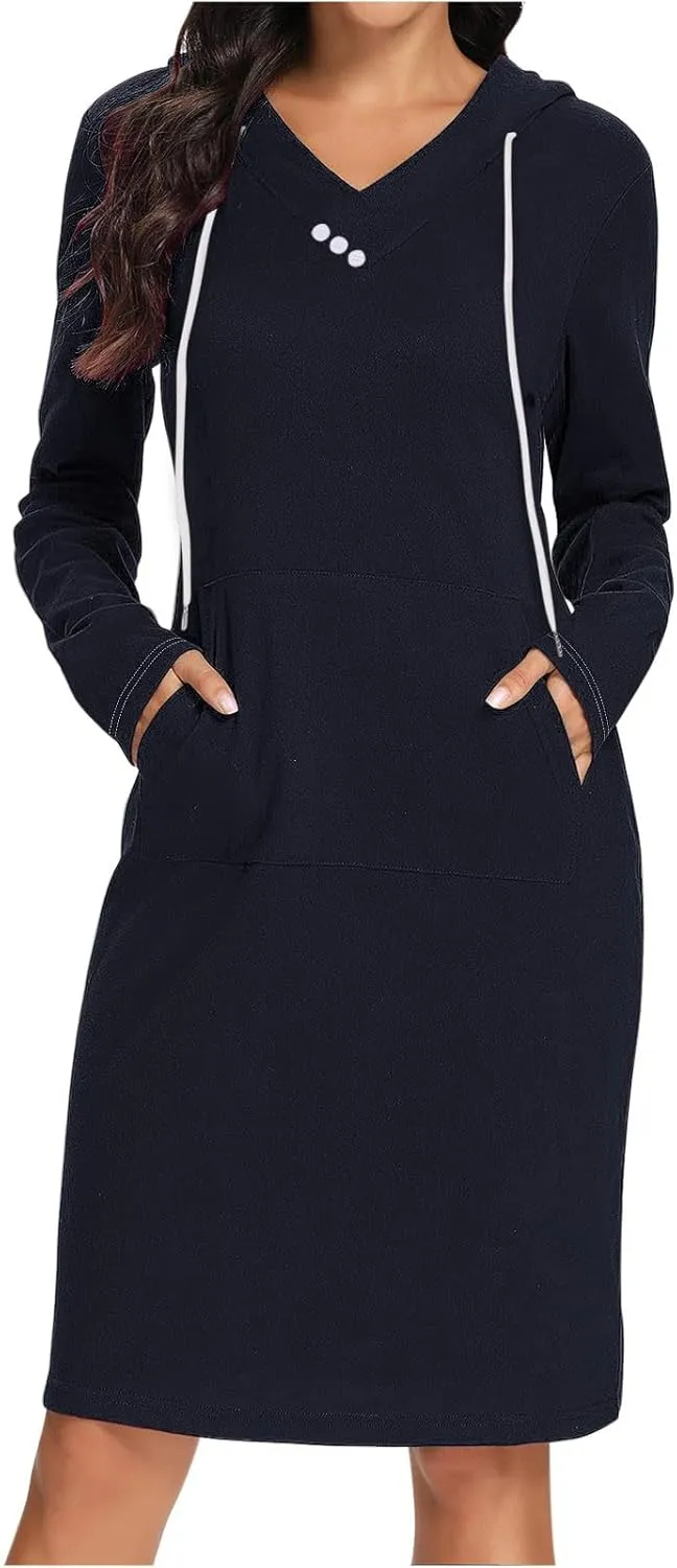Hooded Sweatshirt Dress for Women Fall Winter Casual Long Sleeve V Neck Solid Loose Fit Pullover Elegant Midi Dresses