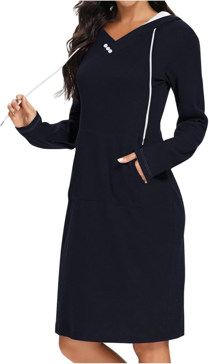 Hooded Sweatshirt Dress for Women Fall Winter Casual Long Sleeve V Neck Solid Loose Fit Pullover Elegant Midi Dresses