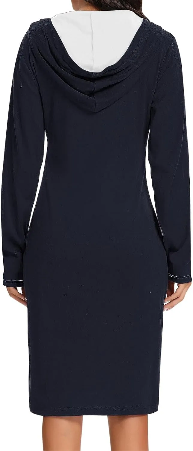 Hooded Sweatshirt Dress for Women Fall Winter Casual Long Sleeve V Neck Solid Loose Fit Pullover Elegant Midi Dresses