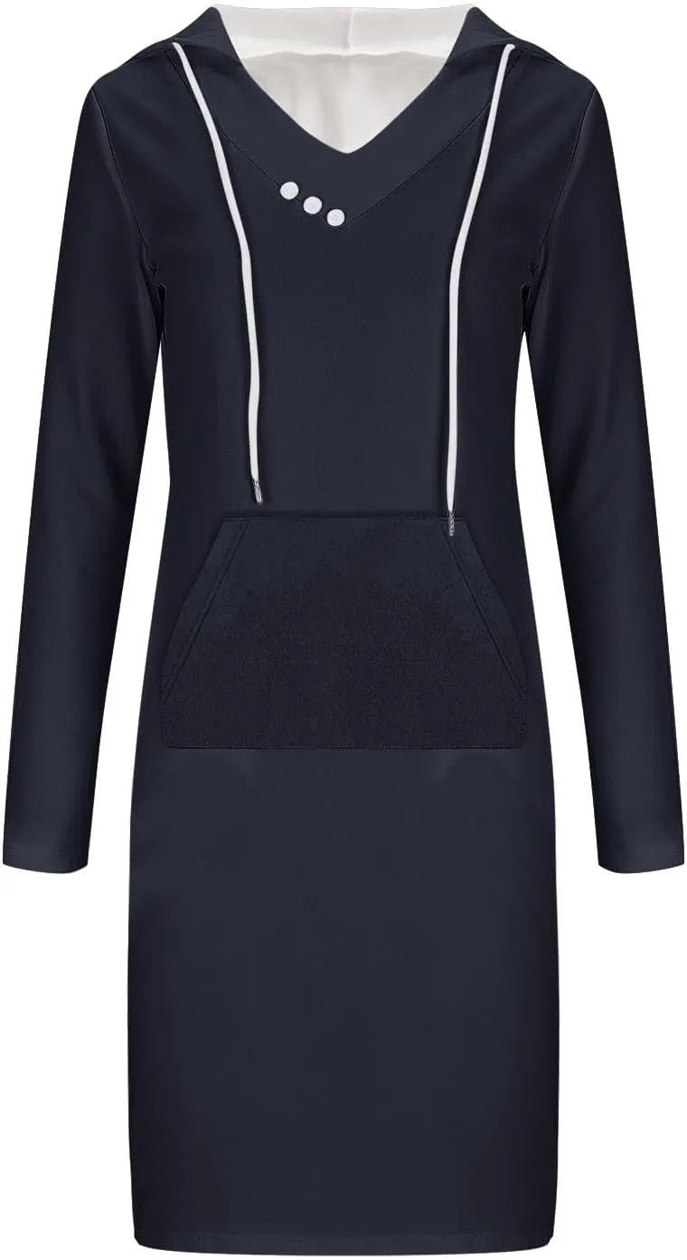 Hooded Sweatshirt Dress for Women Fall Winter Casual Long Sleeve V Neck Solid Loose Fit Pullover Elegant Midi Dresses