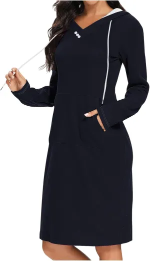 Hooded Sweatshirt Dress for Women Fall Winter Casual Long Sleeve V Neck Solid Loose Fit Pullover Elegant Midi Dresses