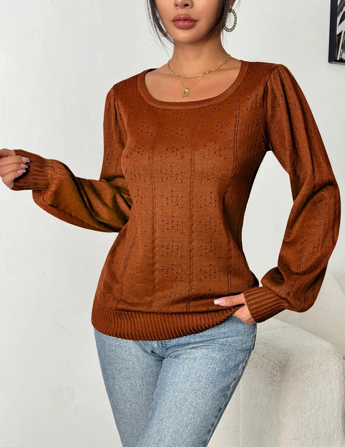 HOTOUCH Womens Puff Sleeve Tops Spring Summer 2025 Trendy Casual Knit Sweaters Square Neck Cute Tunic Pullover Blouses Shirts