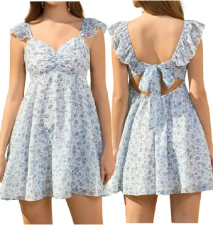 HTZMO Women Summer Floral Short Sundress V Neck Ruffle Bow Tie Sexy Backless A Line Flowy Cute Casual Beach Mini Dress 2025