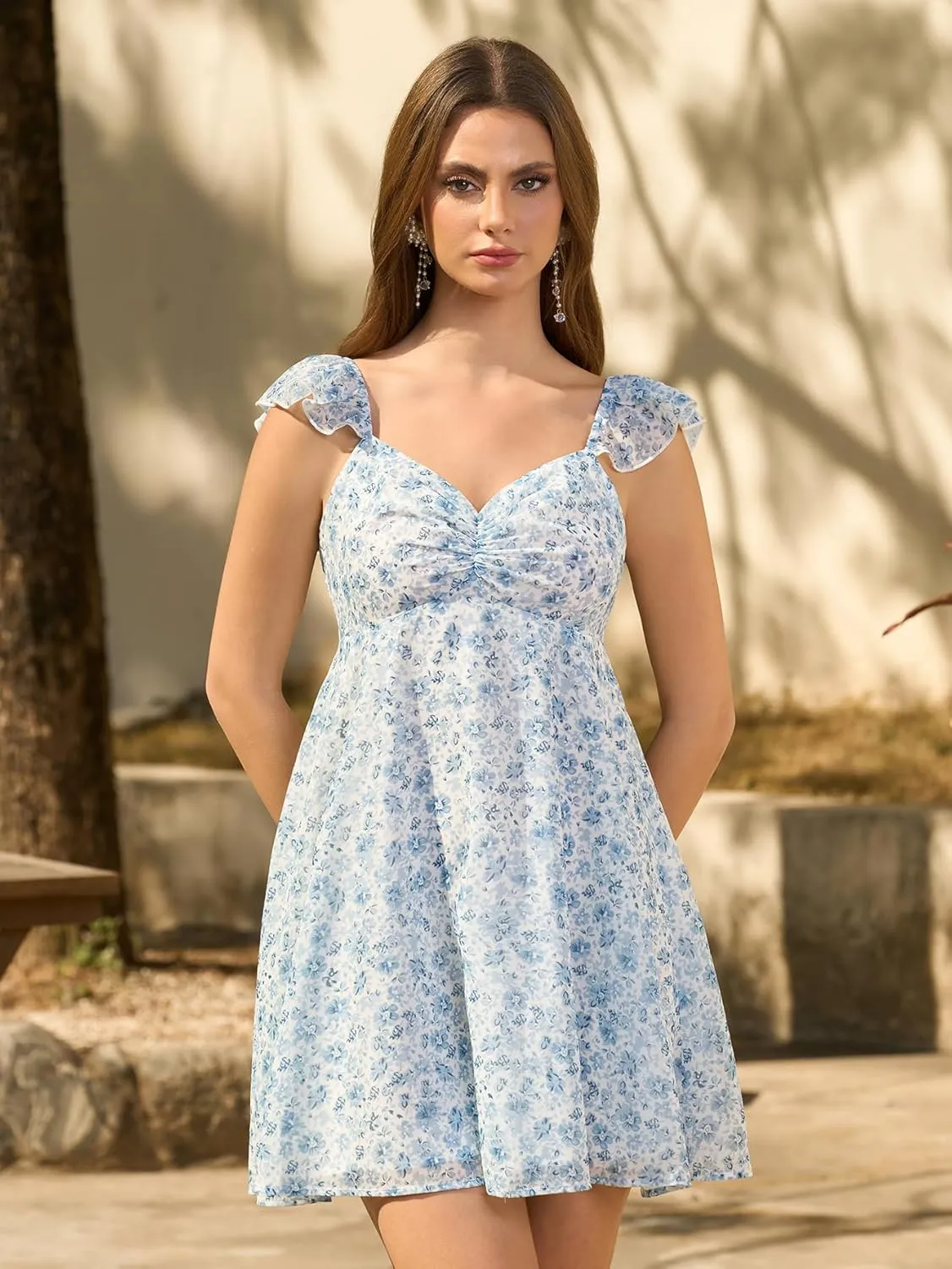 HTZMO Women Summer Floral Short Sundress V Neck Ruffle Bow Tie Sexy Backless A Line Flowy Cute Casual Beach Mini Dress 2025