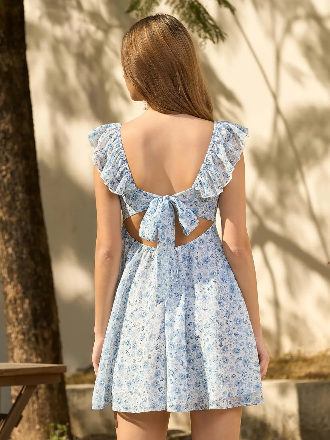HTZMO Women Summer Floral Short Sundress V Neck Ruffle Bow Tie Sexy Backless A Line Flowy Cute Casual Beach Mini Dress 2025