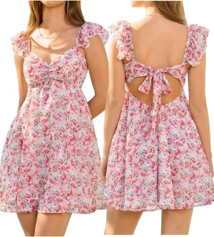 HTZMO Women Summer Floral Short Sundress V Neck Ruffle Bow Tie Sexy Backless A Line Flowy Cute Casual Beach Mini Dress 2025