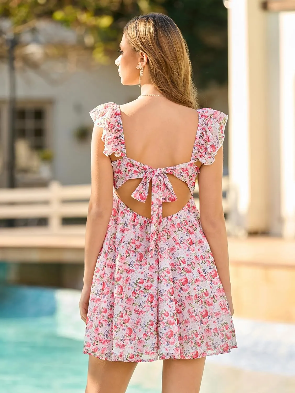 HTZMO Women Summer Floral Short Sundress V Neck Ruffle Bow Tie Sexy Backless A Line Flowy Cute Casual Beach Mini Dress 2025