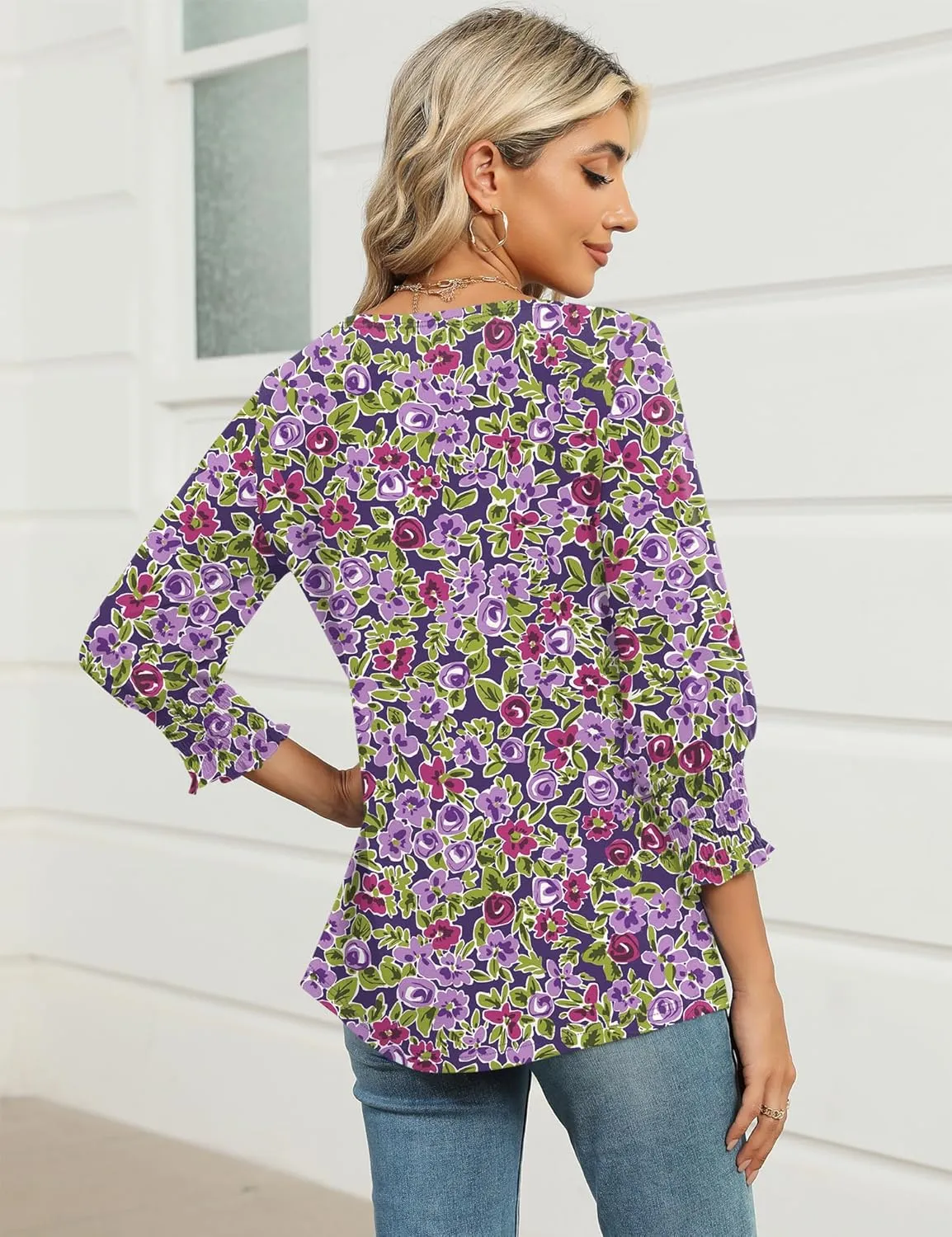 IECCP 3/4 Length Sleeve Womens Tops Summer 2025 Fashion Trendy Boat Crew Neck Smocked Work Dressy Casual T Shirt Blouses