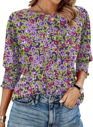IECCP 3/4 Length Sleeve Womens Tops Summer 2025 Fashion Trendy Boat Crew Neck Smocked Work Dressy Casual T Shirt Blouses