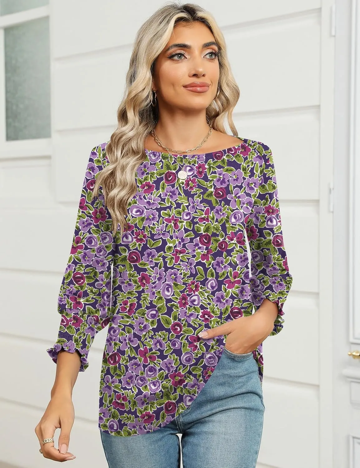 IECCP 3/4 Length Sleeve Womens Tops Summer 2025 Fashion Trendy Boat Crew Neck Smocked Work Dressy Casual T Shirt Blouses