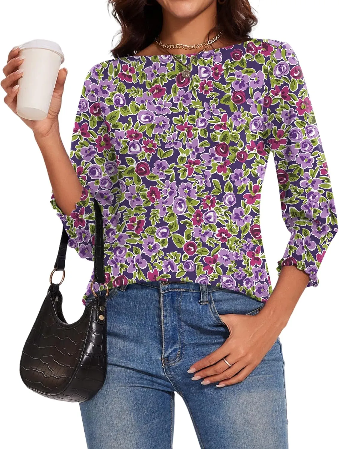 IECCP 3/4 Length Sleeve Womens Tops Summer 2025 Fashion Trendy Boat Crew Neck Smocked Work Dressy Casual T Shirt Blouses