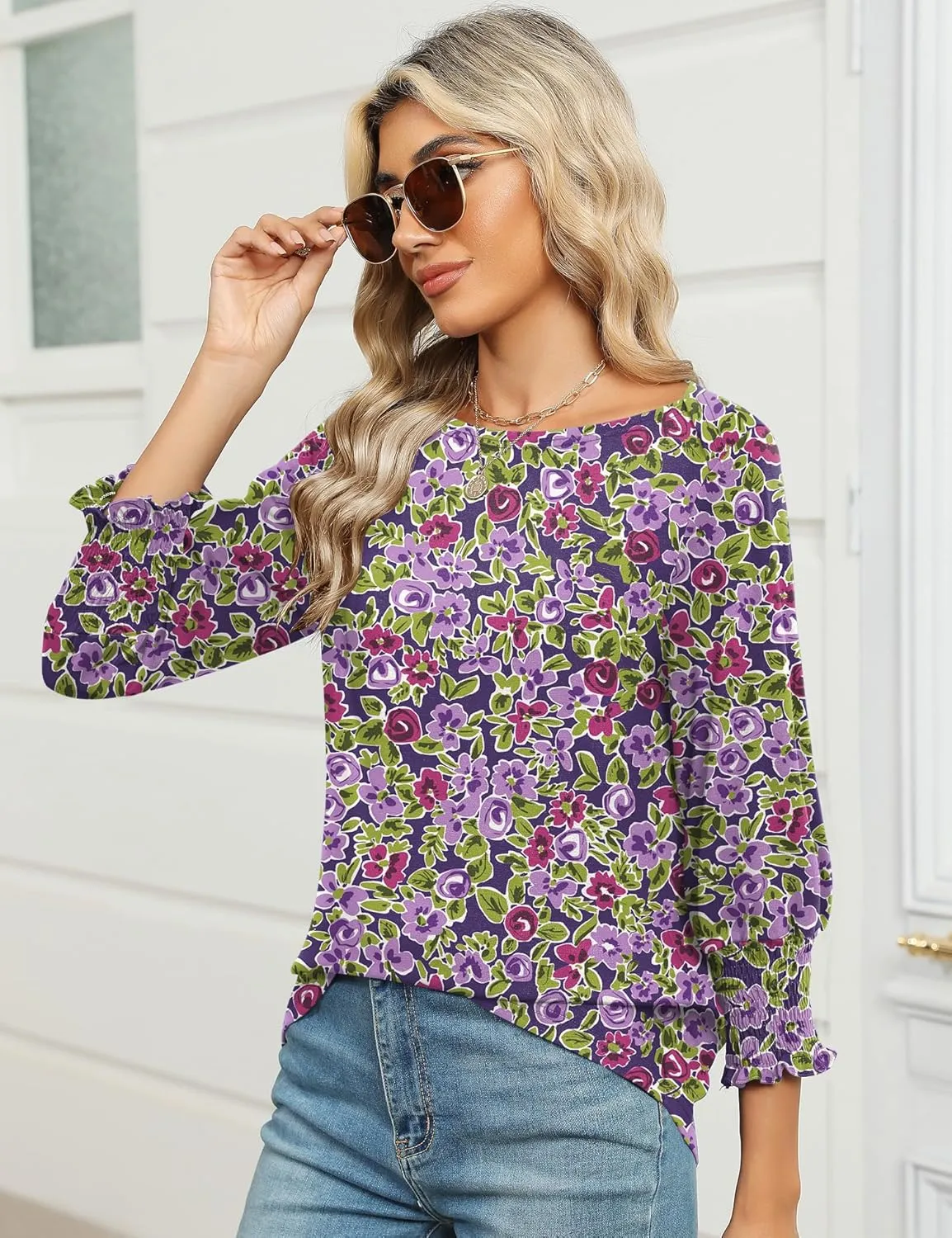 IECCP 3/4 Length Sleeve Womens Tops Summer 2025 Fashion Trendy Boat Crew Neck Smocked Work Dressy Casual T Shirt Blouses