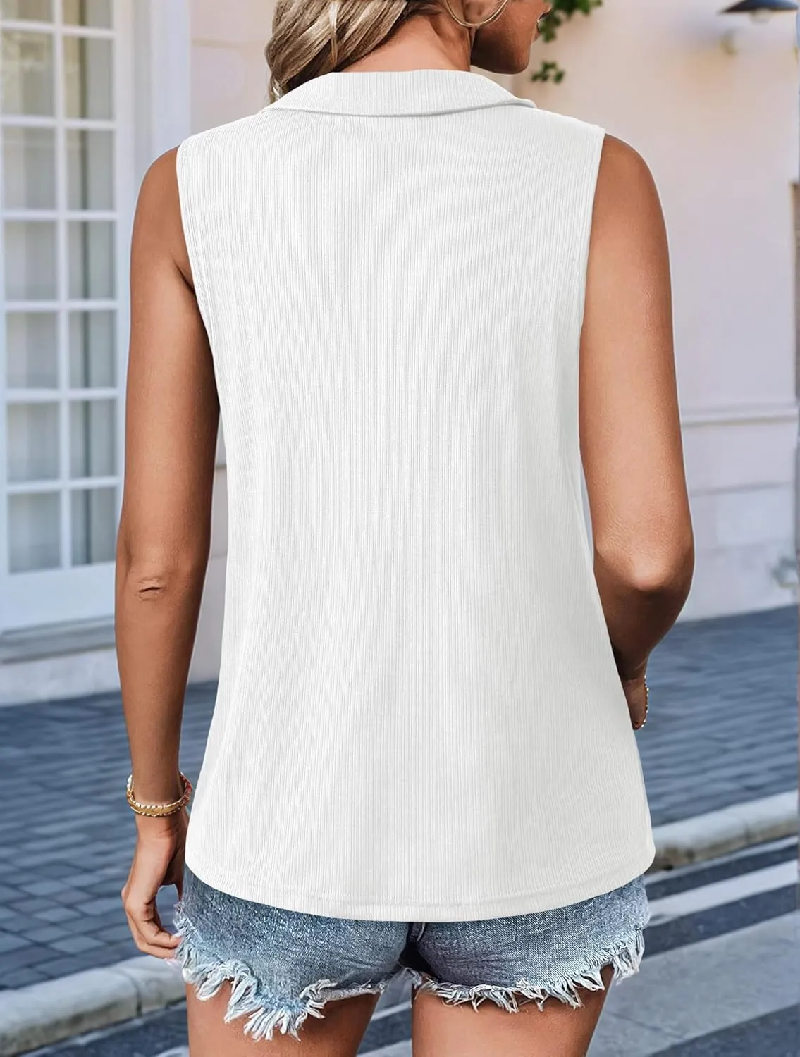 Imily Bela Women's Summer Sleeveless Tank Tops Zipper V Neck Ribbed Dressy Casual Blouses Loose Business Polo Shirts