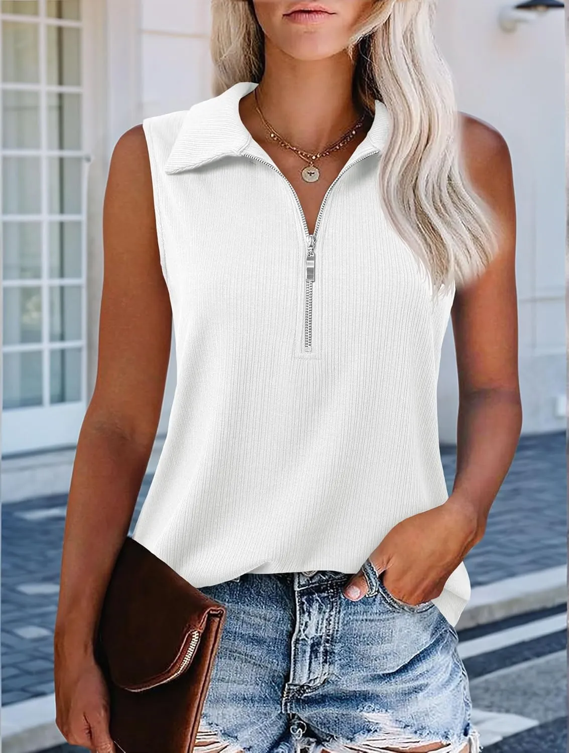 Imily Bela Women's Summer Sleeveless Tank Tops Zipper V Neck Ribbed Dressy Casual Blouses Loose Business Polo Shirts