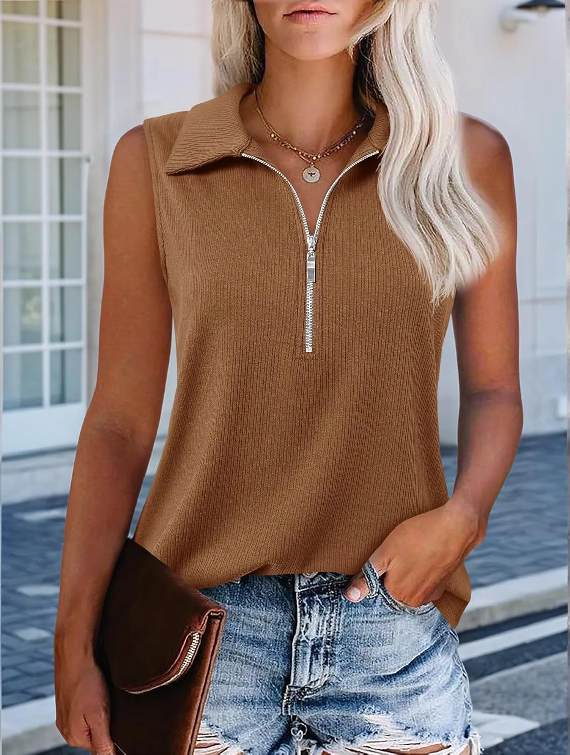 Imily Bela Women's Summer Sleeveless Tank Tops Zipper V Neck Ribbed Dressy Casual Blouses Loose Business Polo Shirts