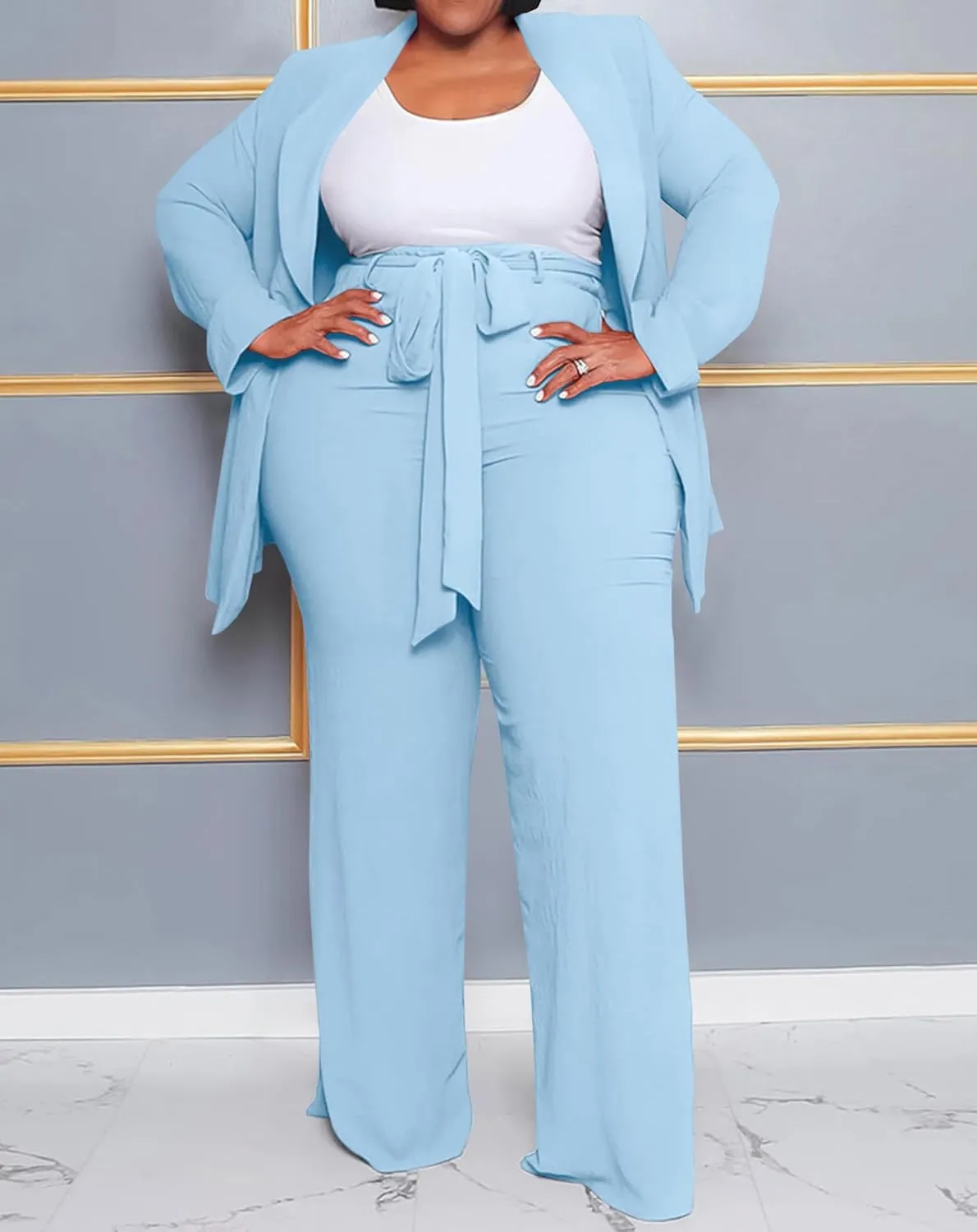 IyMoo Plus Size Suits for Women Business Open Front Long Sleeve Blazer Elastic Waist Solid Straight Leg Pant Set Suits