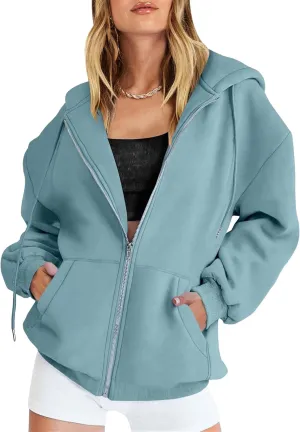 JEsilunmaMY Women's Zip Up Oversized Cute Hoodies Long Sleeve Fall Jacket Sweatshirts Y2K Drawstring Jackets with Pockets