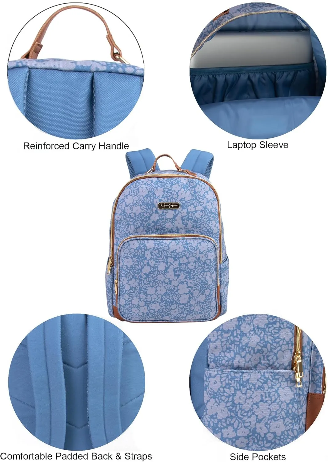 Jessica Simpson Womens Designer Laptop Backpack with Side Pockets, Padded Straps | Classic Modern Backpack for Women (Bold Blue Flowers), Large