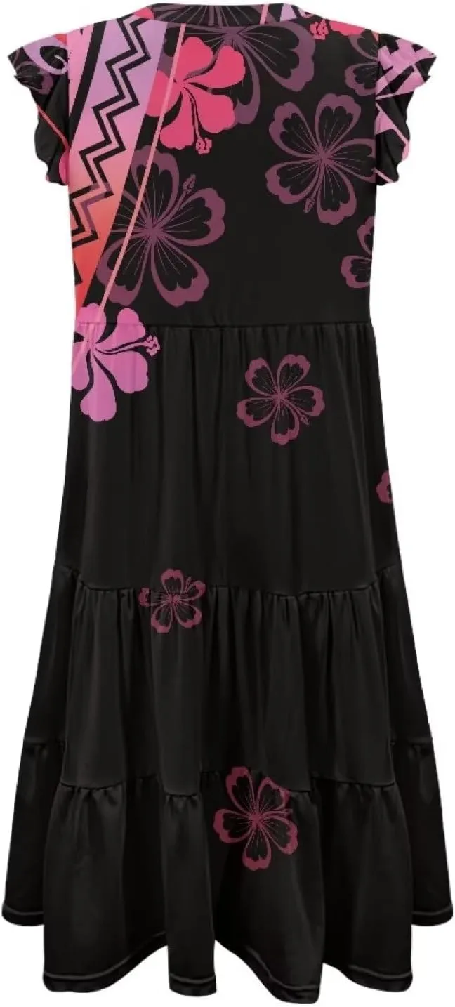 Jndtueit Floral Womens Plus Size Summer Dresses Ruffle Sleeve Tiered Swing Midi Dress V Neck Beach Flowy Dresses with Pockets