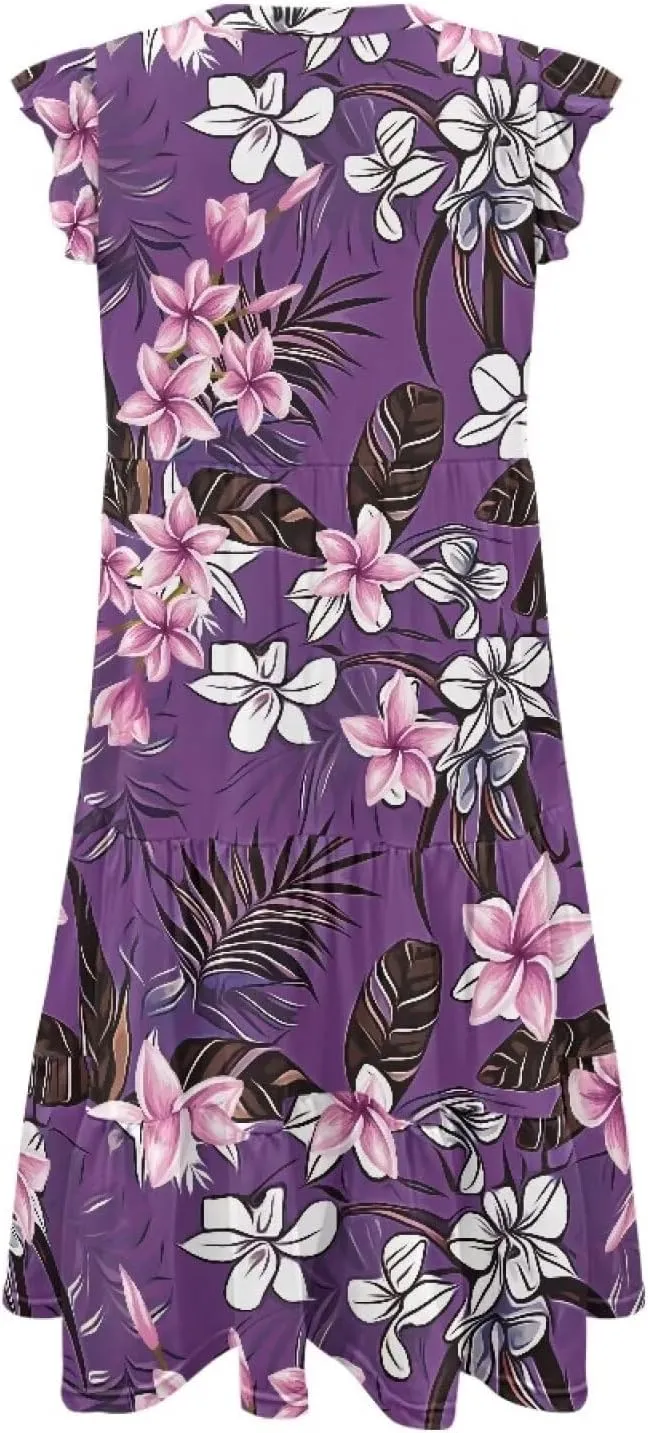 Jndtueit Floral Womens Plus Size Summer Dresses Ruffle Sleeve Tiered Swing Midi Dress V Neck Beach Flowy Dresses with Pockets