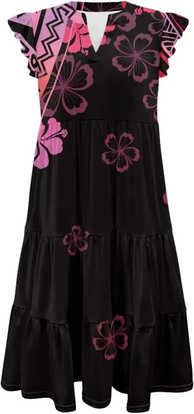 Jndtueit Floral Womens Plus Size Summer Dresses Ruffle Sleeve Tiered Swing Midi Dress V Neck Beach Flowy Dresses with Pockets