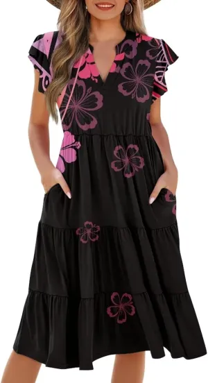 Jndtueit Floral Womens Plus Size Summer Dresses Ruffle Sleeve Tiered Swing Midi Dress V Neck Beach Flowy Dresses with Pockets