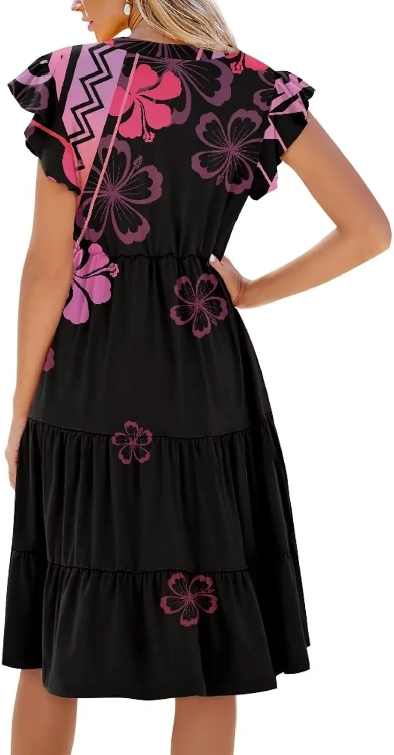 Jndtueit Floral Womens Plus Size Summer Dresses Ruffle Sleeve Tiered Swing Midi Dress V Neck Beach Flowy Dresses with Pockets