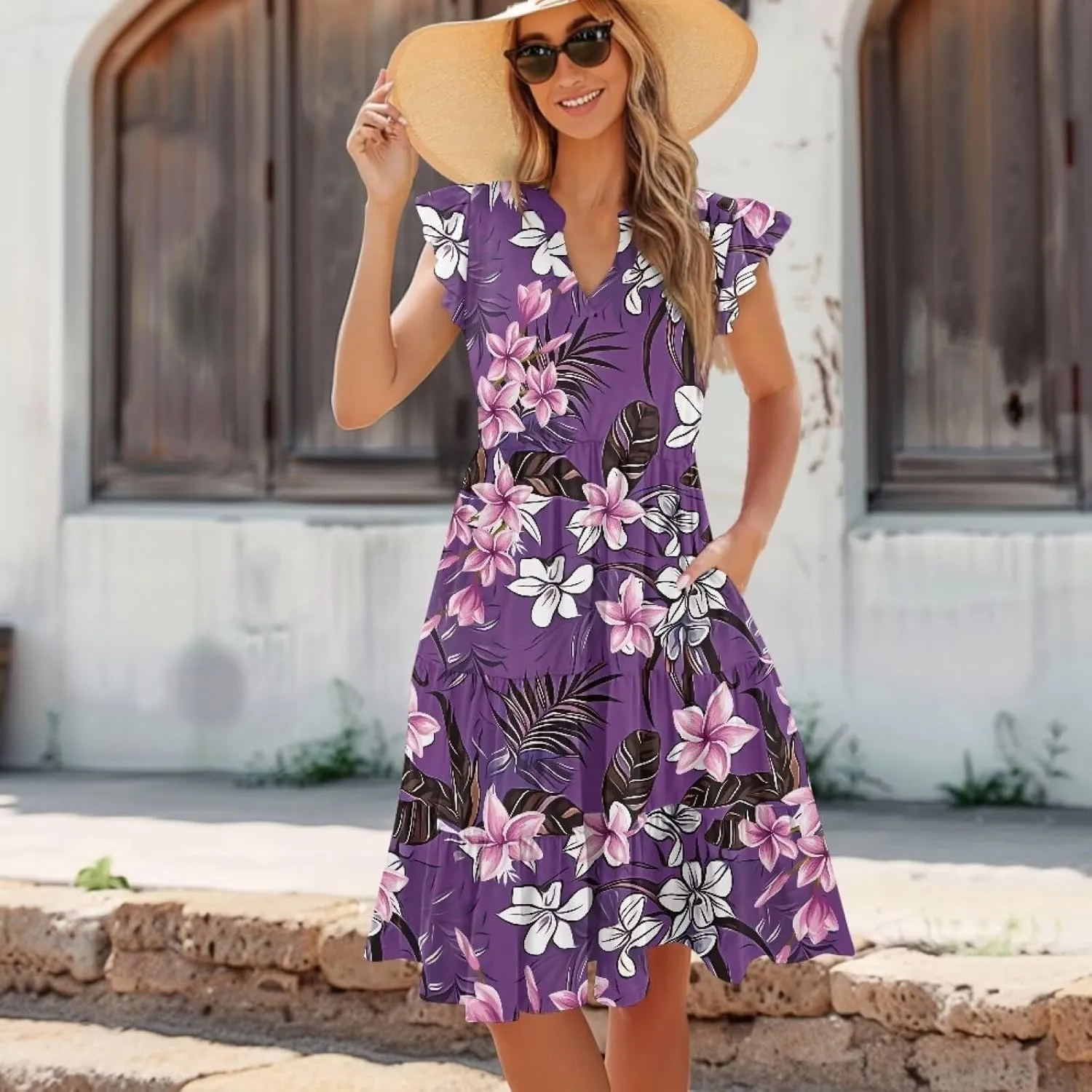 Jndtueit Floral Womens Plus Size Summer Dresses Ruffle Sleeve Tiered Swing Midi Dress V Neck Beach Flowy Dresses with Pockets