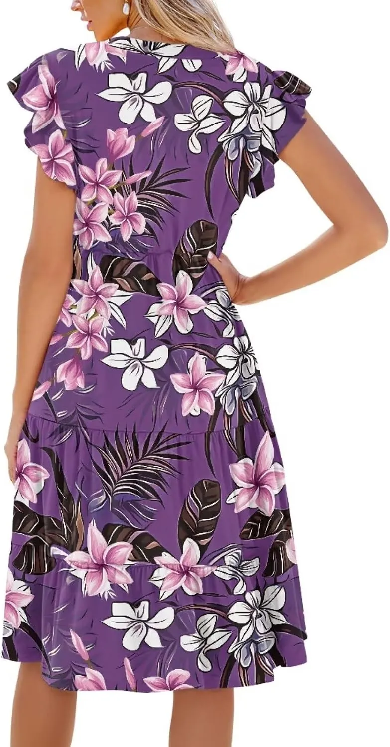 Jndtueit Floral Womens Plus Size Summer Dresses Ruffle Sleeve Tiered Swing Midi Dress V Neck Beach Flowy Dresses with Pockets