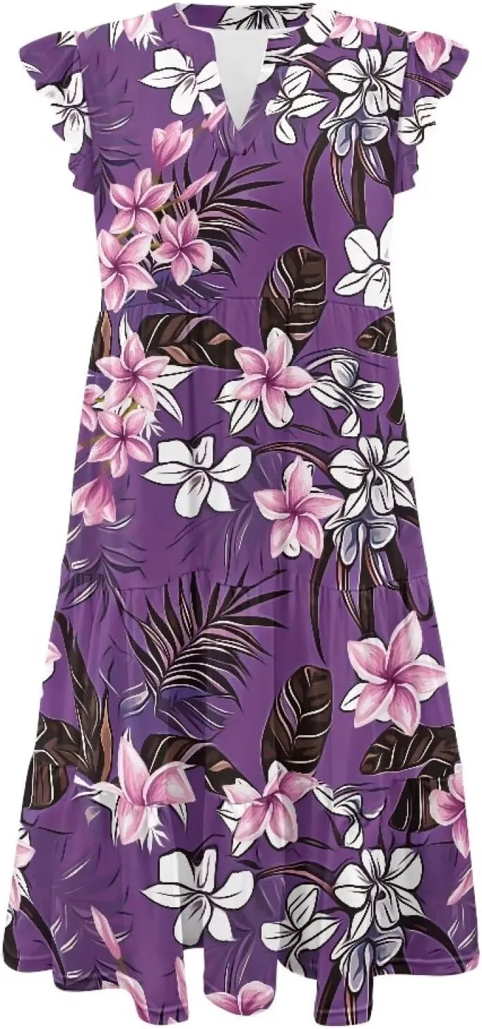 Jndtueit Floral Womens Plus Size Summer Dresses Ruffle Sleeve Tiered Swing Midi Dress V Neck Beach Flowy Dresses with Pockets