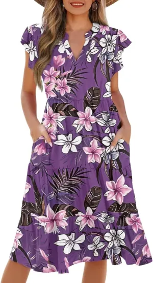 Jndtueit Floral Womens Plus Size Summer Dresses Ruffle Sleeve Tiered Swing Midi Dress V Neck Beach Flowy Dresses with Pockets