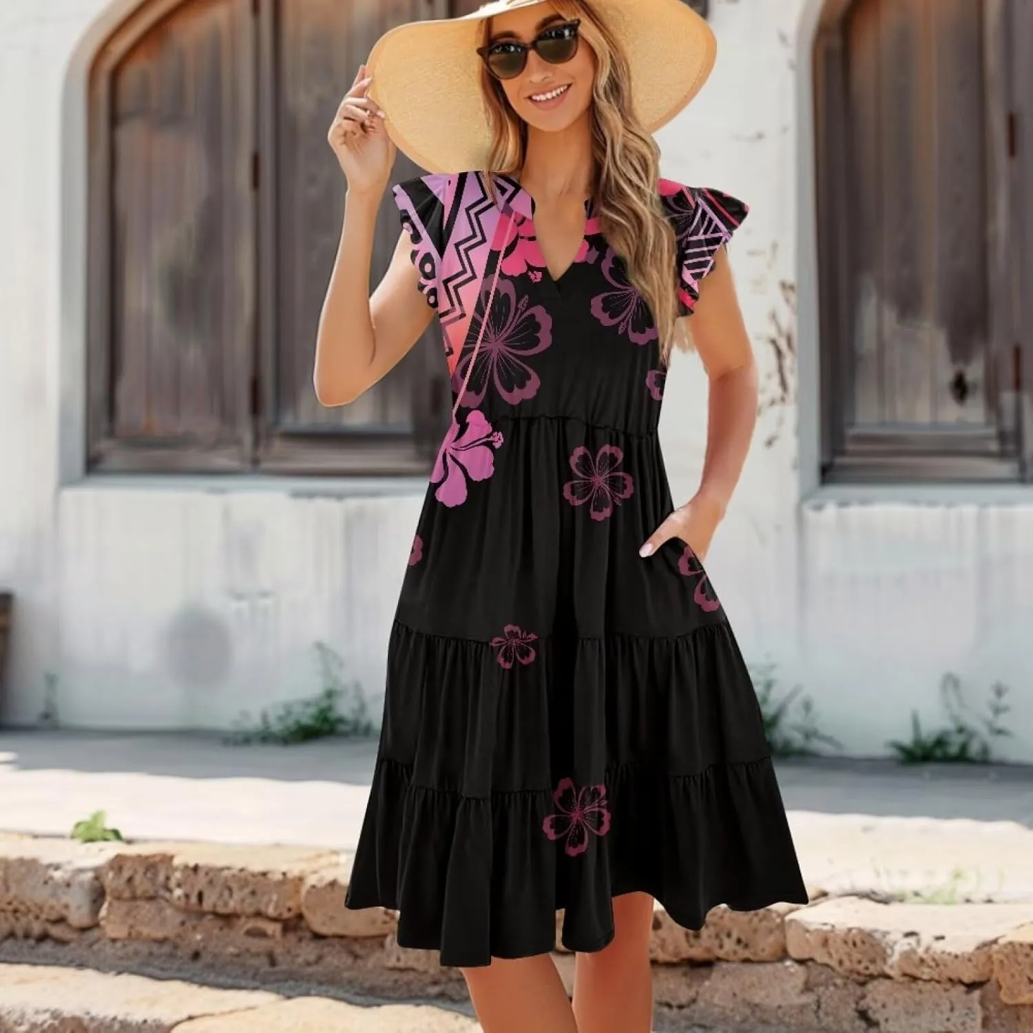 Jndtueit Floral Womens Plus Size Summer Dresses Ruffle Sleeve Tiered Swing Midi Dress V Neck Beach Flowy Dresses with Pockets