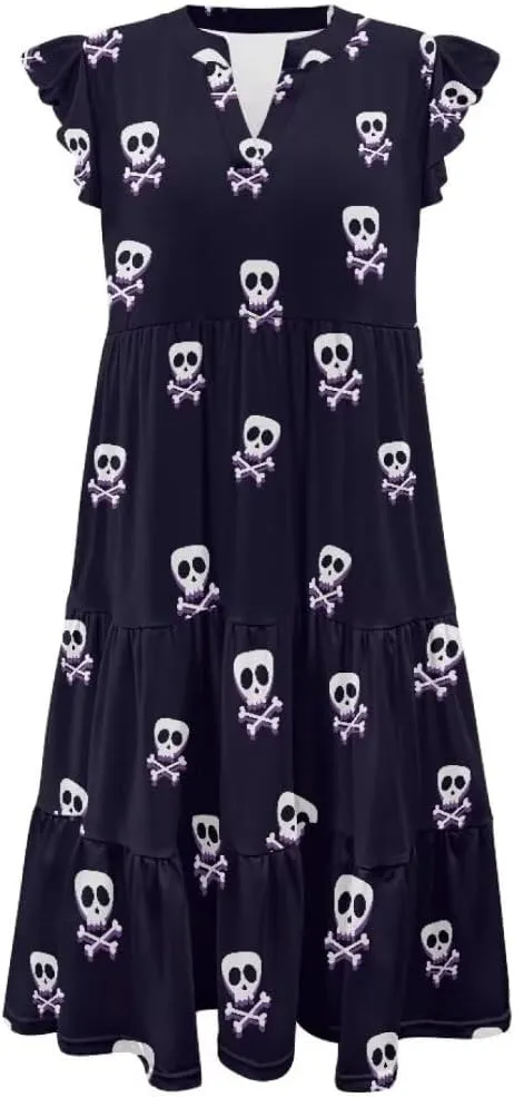 Jndtueit Women's Casual Dresses V-Neck Ruffle Side Pockets Sundress Flowy Summer Tiered Swing Dress A Line Beach Dresses