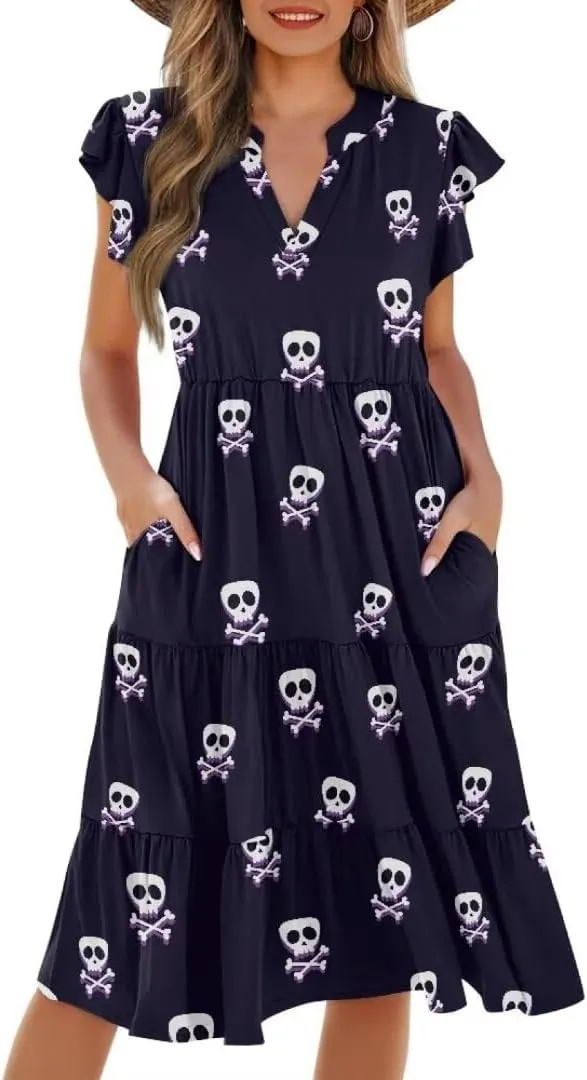 Jndtueit Women's Casual Dresses V-Neck Ruffle Side Pockets Sundress Flowy Summer Tiered Swing Dress A Line Beach Dresses