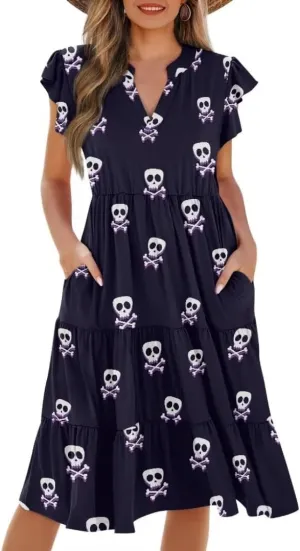 Jndtueit Women's Casual Dresses V-Neck Ruffle Side Pockets Sundress Flowy Summer Tiered Swing Dress A Line Beach Dresses