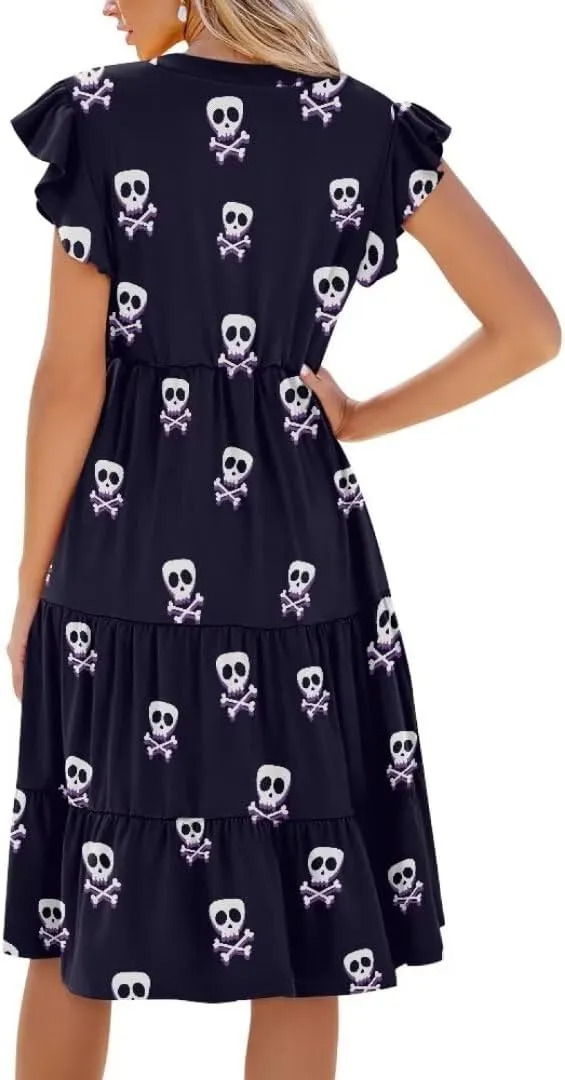 Jndtueit Women's Casual Dresses V-Neck Ruffle Side Pockets Sundress Flowy Summer Tiered Swing Dress A Line Beach Dresses