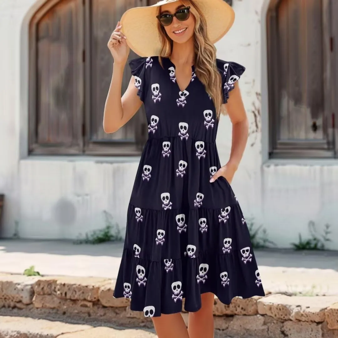 Jndtueit Women's Casual Dresses V-Neck Ruffle Side Pockets Sundress Flowy Summer Tiered Swing Dress A Line Beach Dresses