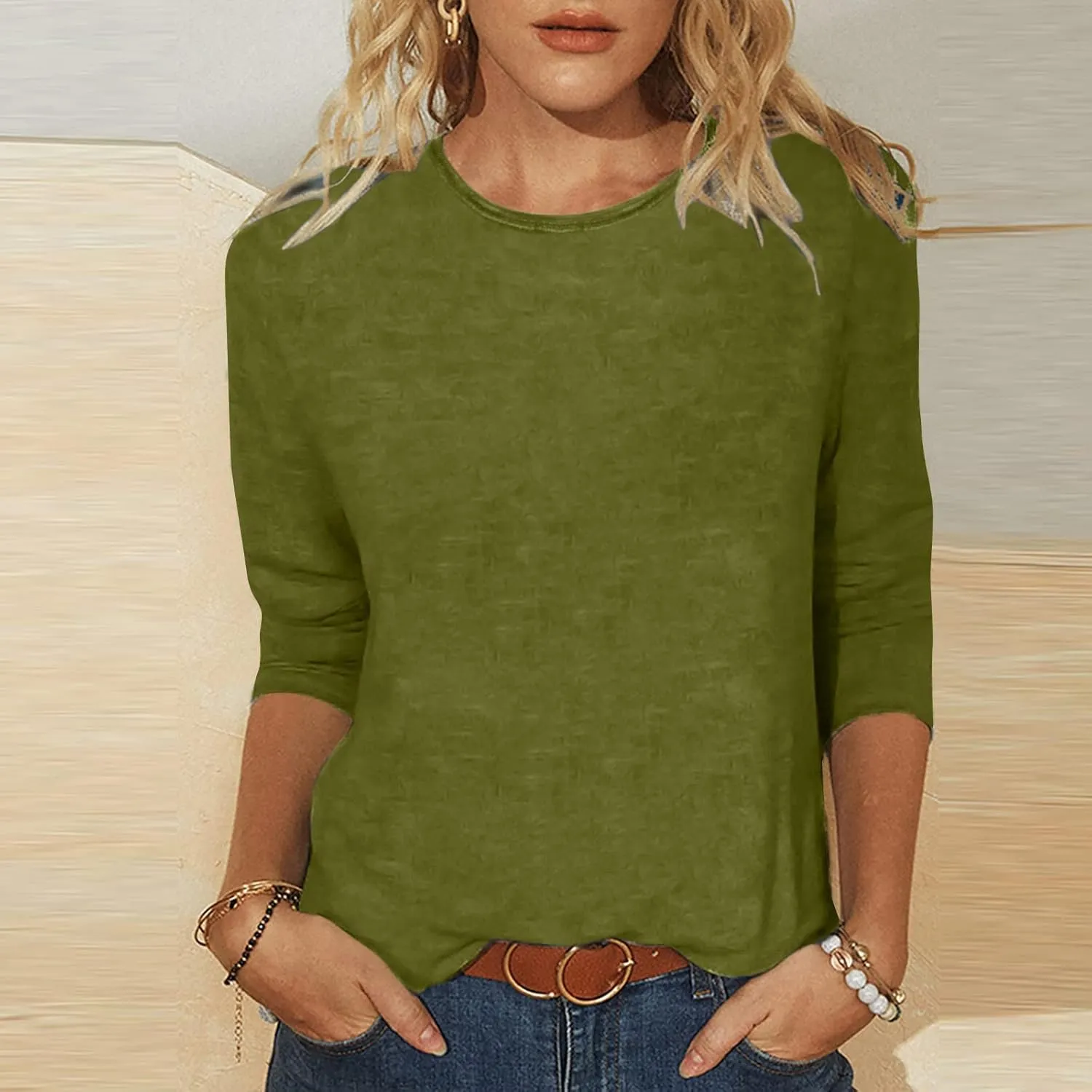 jovati Summer 3/4 Sleeve Tops For Women 2024 Crewneck Basic Blouses Casual Loose Fit Pullover Cute Going Out Shirts
