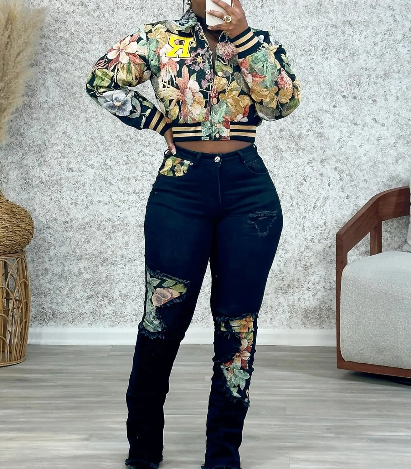 KANSOON Varsity Jacket Women Bomber Textured Floral Cropped Jackets Letterman Snap Buttons Long Sleeves Coats