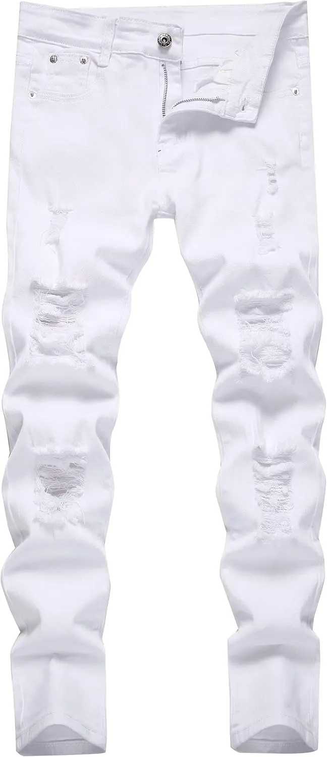 Kihatwin Boy's Skinny Ripped Jeans Destroyed Distressed Taper Zipper Pants with Holes