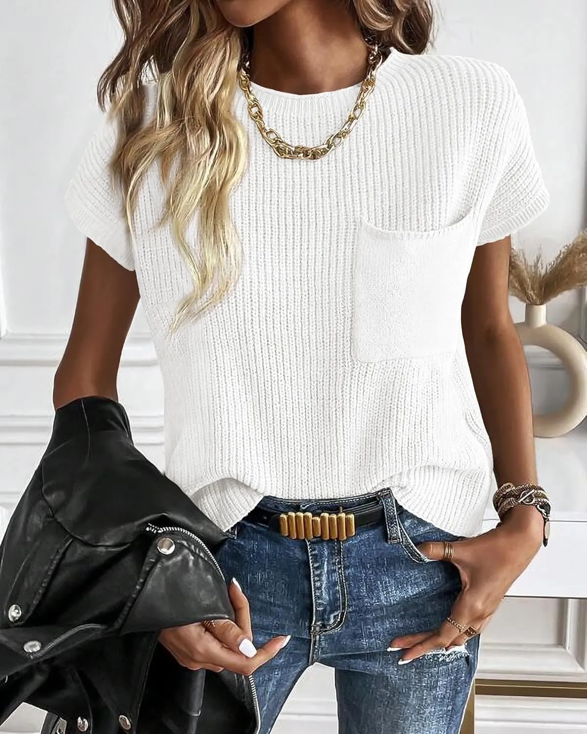 KIRUNDO Short Sleeve Sweater for Women 2025 Casual Sweater Vest Cotton Knit Pullover Tank Tops Trendy Spring Summer Outfits