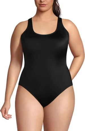 Lands' End Women's Chlorine Resistant Scoop Neck X-Back High Leg Soft Cup Tugless Sporty One Piece Swimsuit