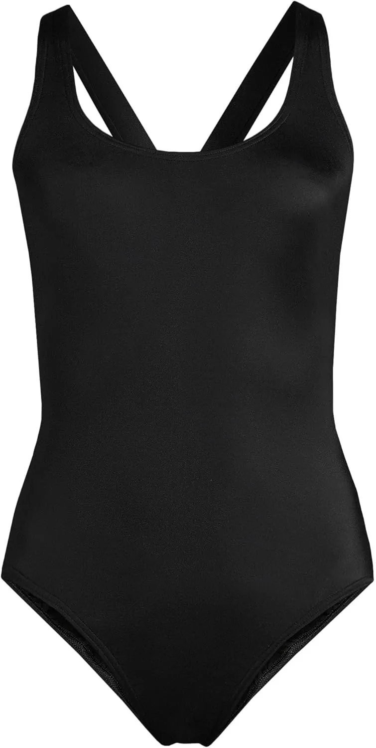 Lands' End Women's Chlorine Resistant Scoop Neck X-Back High Leg Soft Cup Tugless Sporty One Piece Swimsuit