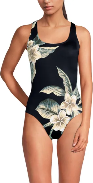 Lands' End Women's Chlorine Resistant Scoop Neck X-Back High Leg Soft Cup Tugless Sporty One Piece Swimsuit