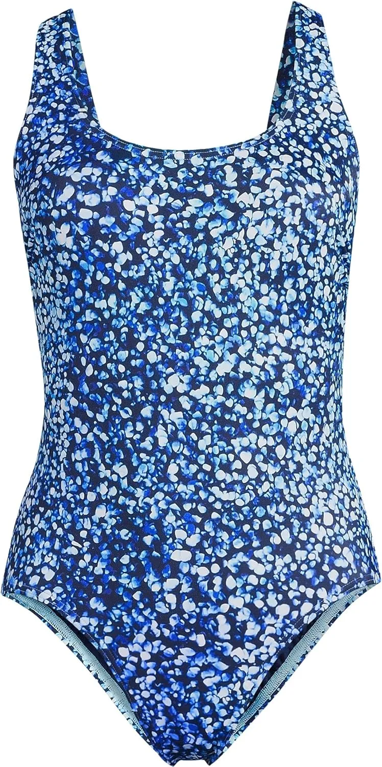 Lands' End Women's Chlorine Resistant Scoop Neck X-Back High Leg Soft Cup Tugless Sporty One Piece Swimsuit