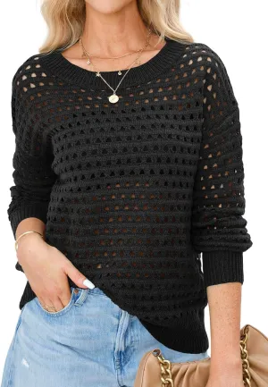 Langwyqu Womens Oversized Crochet Sweaters Trendy Sexy Knit Cotton Crew Neck Long Sleeve Hollow Out Pullover Cover Ups