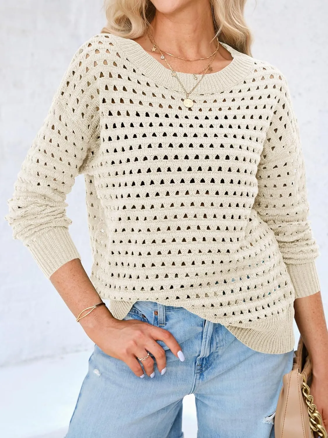 Langwyqu Womens Oversized Crochet Sweaters Trendy Sexy Knit Cotton Crew Neck Long Sleeve Hollow Out Pullover Cover Ups