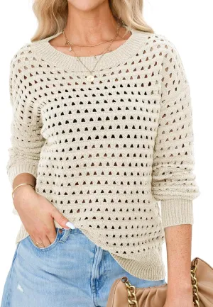 Langwyqu Womens Oversized Crochet Sweaters Trendy Sexy Knit Cotton Crew Neck Long Sleeve Hollow Out Pullover Cover Ups